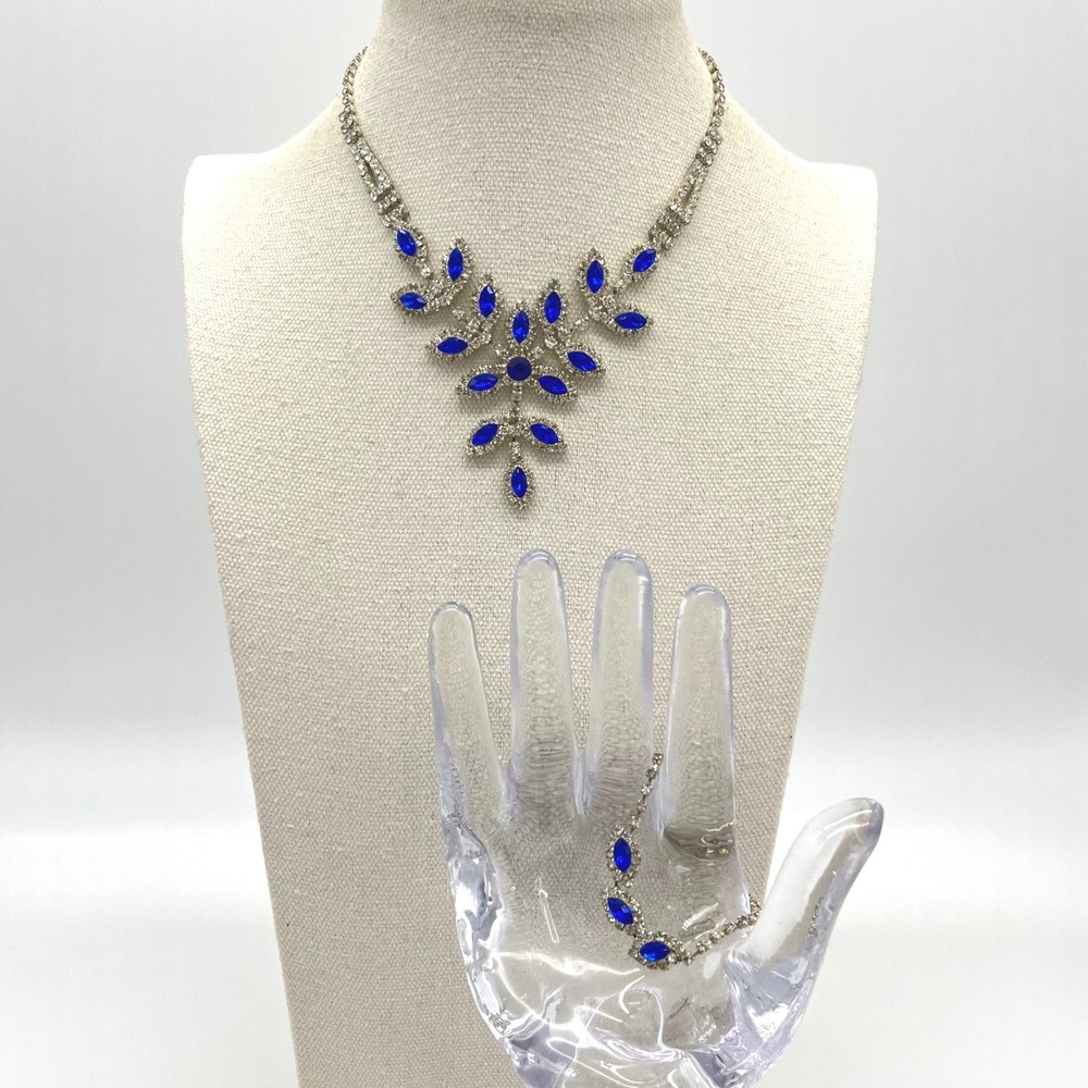 Sparkling‎ Royal Blue Crystal Leaf Design Necklace Set Silver Tone